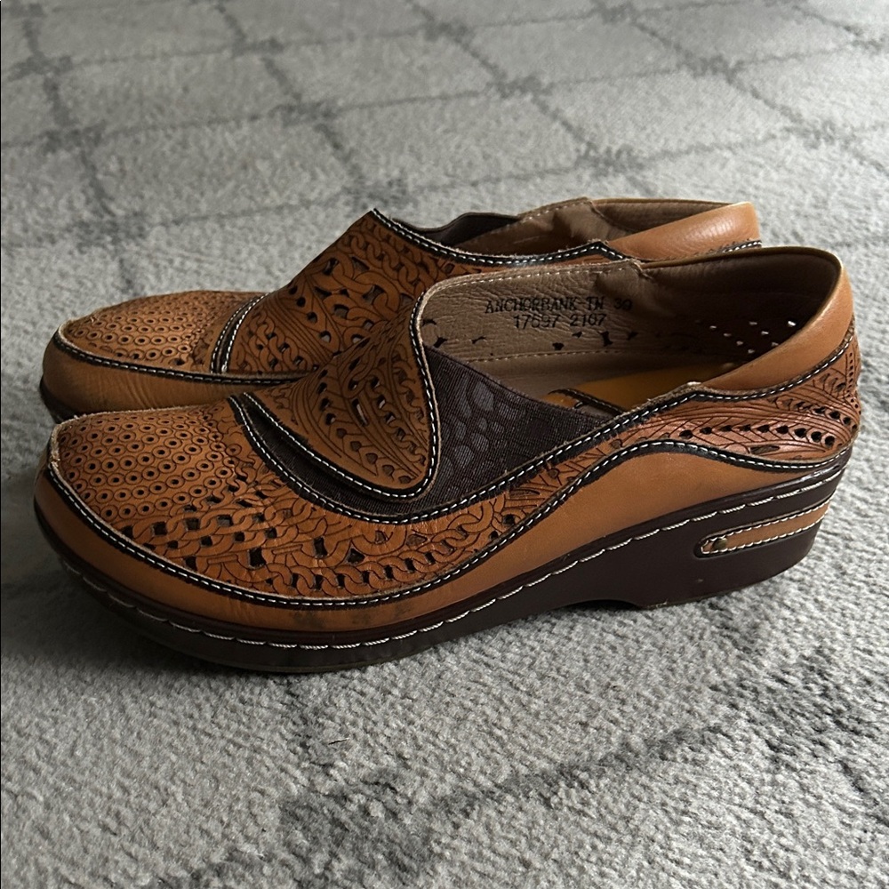 Women's Tan Leather Comfort Mules with Perforated Design
